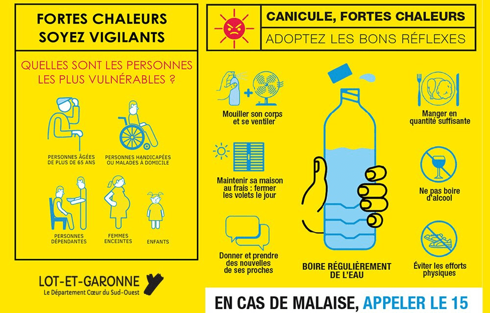 Rappels des bons réflexes en cas de canicule. Boire beaucoup, manger en quantité suffisante, ne pas boire d'alcool, éviter les efforts physiques et prendre des nouvelles des plus vulnérables.