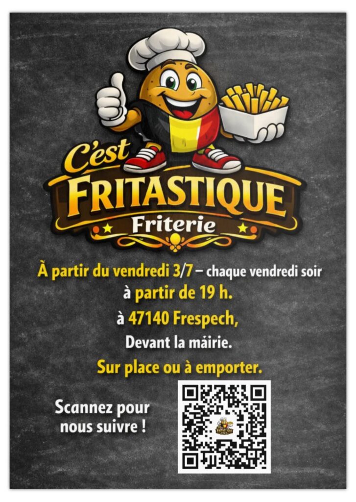affiche friterie tous les vendredis à partir du 3 juillet, place de la Mairie de Frespech